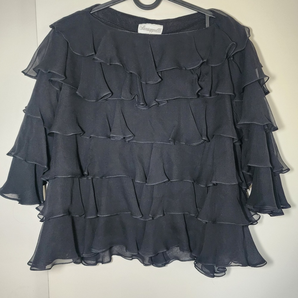 Sansappelle Ruffle Blouse Womens M Black Excellent Tiered Chiffon Layered Top